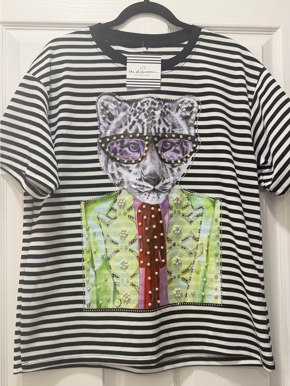 Striped Graphic Tee with Leopard Portrait - Black/White